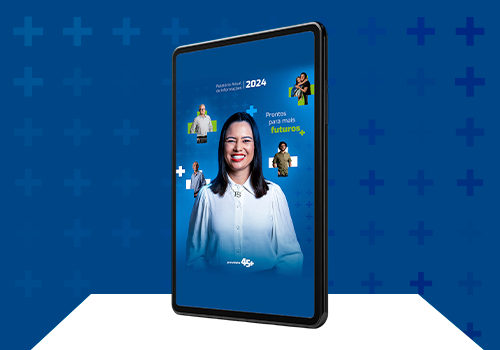 Um tablet com a capa do relatório